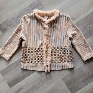 Chico's Tweed Open Cardigan Sweater Textured Boho 3/4 Sleeve Spring Sz Small